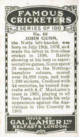 1926 Gallaher Cigarettes Famous Cricketers #66 John Gunn Back
