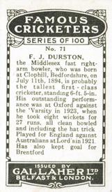 1926 Gallaher Cigarettes Famous Cricketers #71 Jack Durston Back