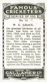1926 Gallaher Cigarettes Famous Cricketers #72 W.G. Grace Back