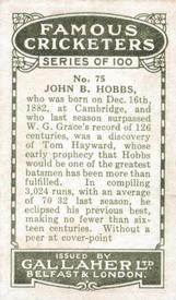 1926 Gallaher Cigarettes Famous Cricketers #75 Jack Hobbs Back
