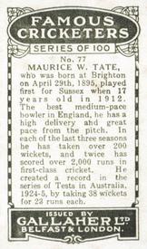 1926 Gallaher Cigarettes Famous Cricketers #77 Maurice Tate Back