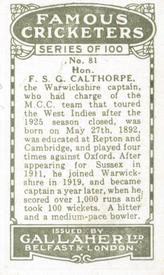 1926 Gallaher Cigarettes Famous Cricketers #81 Freddie Calthorpe Back