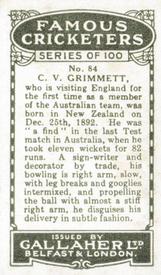 1926 Gallaher Cigarettes Famous Cricketers #84 Clarrie Grimmett Back