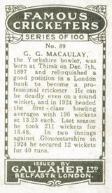 1926 Gallaher Cigarettes Famous Cricketers #89 Charlie Macartney Back