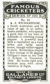 1926 Gallaher Cigarettes Famous Cricketers #93 Arthur Richardson Back