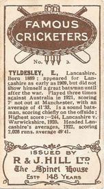 1923 R & J Hill Famous Cricketers #3 Ernest Tyldesley Back
