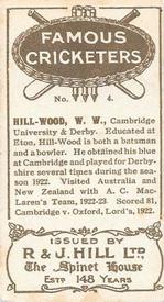 1923 R & J Hill Famous Cricketers #4 Wilfred Hill-Wood Back