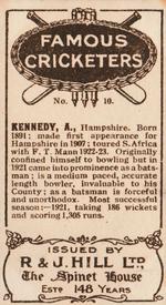 1923 R & J Hill Famous Cricketers #10 Alec Kennedy Back