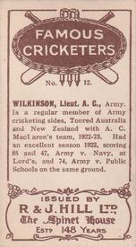 1923 R & J Hill Famous Cricketers #12 Alexander Wilkinson Back