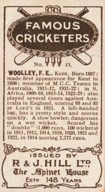 1923 R & J Hill Famous Cricketers #13 Frank Woolley Back