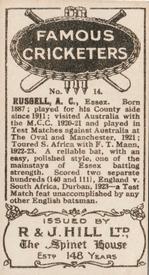 1923 R & J Hill Famous Cricketers #14 Jack Russell Back