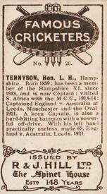 1923 R & J Hill Famous Cricketers #26 Lionel Tennyson Back
