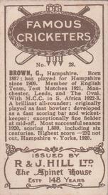 1923 R & J Hill Famous Cricketers #28 George Brown Back
