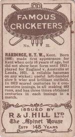 1923 R & J Hill Famous Cricketers #32 Wally Hardinge Back