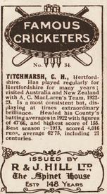 1923 R & J Hill Famous Cricketers #34 Charles Titchmarsh Back