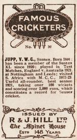 1923 R & J Hill Famous Cricketers #39 Vallance Jupp Back