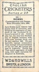 1926 Wills's English Cricketers (New Zealand Issue) #1 Jack Hobbs Back