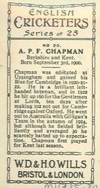 1926 Wills's English Cricketers (New Zealand Issue) #20 Percy Chapman Back