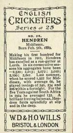 1926 Wills's English Cricketers (New Zealand Issue) #25 Patsy Hendren Back