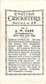 1926 British American Tobacco English Cricketers New Zealand Issue #3 Arthur Carr Back
