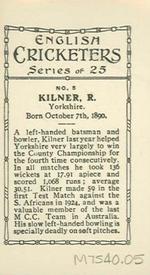 1926 British American Tobacco English Cricketers New Zealand Issue #5 Roy Kilner Back