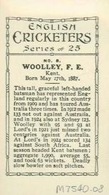 1926 British American Tobacco English Cricketers New Zealand Issue #8 Frank Woolley Back