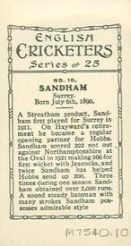 1926 British American Tobacco English Cricketers New Zealand Issue #10 Andy Sandham Back