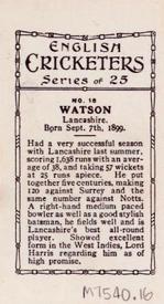 1926 British American Tobacco English Cricketers New Zealand Issue #16 Frank Watson Back