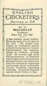1926 British American Tobacco English Cricketers New Zealand Issue #19 George Macaulay Back