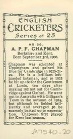 1926 British American Tobacco English Cricketers New Zealand Issue #20 Percy Chapman Back
