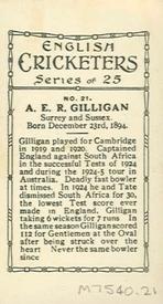 1926 British American Tobacco English Cricketers New Zealand Issue #21 Arthur Gilligan Back