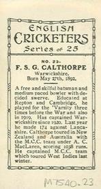 1926 British American Tobacco English Cricketers New Zealand Issue #23 Freddie Calthorpe Back