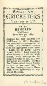 1926 British American Tobacco English Cricketers New Zealand Issue #25 Patsy Hendren Back
