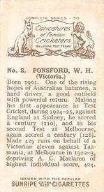 1926 R & J Hill Caricatures Of Famous Cricketers #2 Bill Ponsford Back