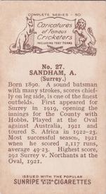 1926 R & J Hill Caricatures Of Famous Cricketers #27 Andrew Sandham Back