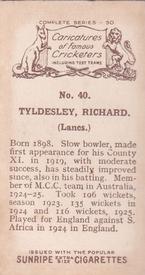 1926 R & J Hill Caricatures Of Famous Cricketers #40 Richard Tyldesley Back
