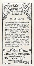 1928 J.Millhoff & Co Famous Test Cricketers #2 Maurice Leyland Back