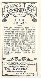 1928 J.Millhoff & Co Famous Test Cricketers #3 Percy Chapman Back