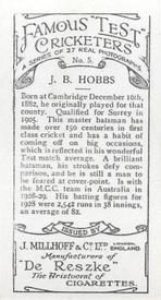 1928 J.Millhoff & Co Famous Test Cricketers #5 Jack Hobbs Back