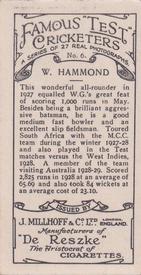 1928 J.Millhoff & Co Famous Test Cricketers #6 Wally Hammond Back