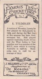 1928 J.Millhoff & Co Famous Test Cricketers #7 Ernest Tyldesley Back