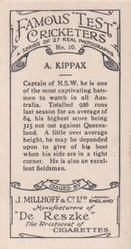 1928 J.Millhoff & Co Famous Test Cricketers #10 Alan Kippax Back