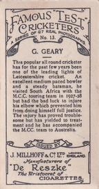 1928 J.Millhoff & Co Famous Test Cricketers #13 George Geary Back