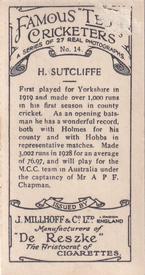 1928 J.Millhoff & Co Famous Test Cricketers #14 Herbert Sutcliffe Back