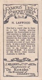 1928 J.Millhoff & Co Famous Test Cricketers #16 Harold Larwood Back