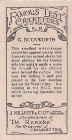 1928 J.Millhoff & Co Famous Test Cricketers #18 George Duckworth Back
