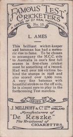 1928 J.Millhoff & Co Famous Test Cricketers #19 Les Ames Back