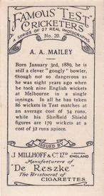 1928 J.Millhoff & Co Famous Test Cricketers #20 Arthur Mailey Back