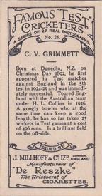 1928 J.Millhoff & Co Famous Test Cricketers #24 Clarrie Grimmett Back