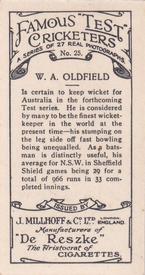 1928 J.Millhoff & Co Famous Test Cricketers #25 Bert Oldfield Back